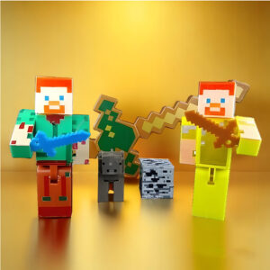 Kit Cartelado Conjunto Minecraft 2 Bonecos + 1 Bloco + 1 Vaca + 1 Espada Pixel